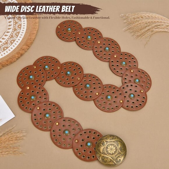 Western Faux Leather Belt for Women Boho Cowgirl Wide Disk Concho Style main image 6